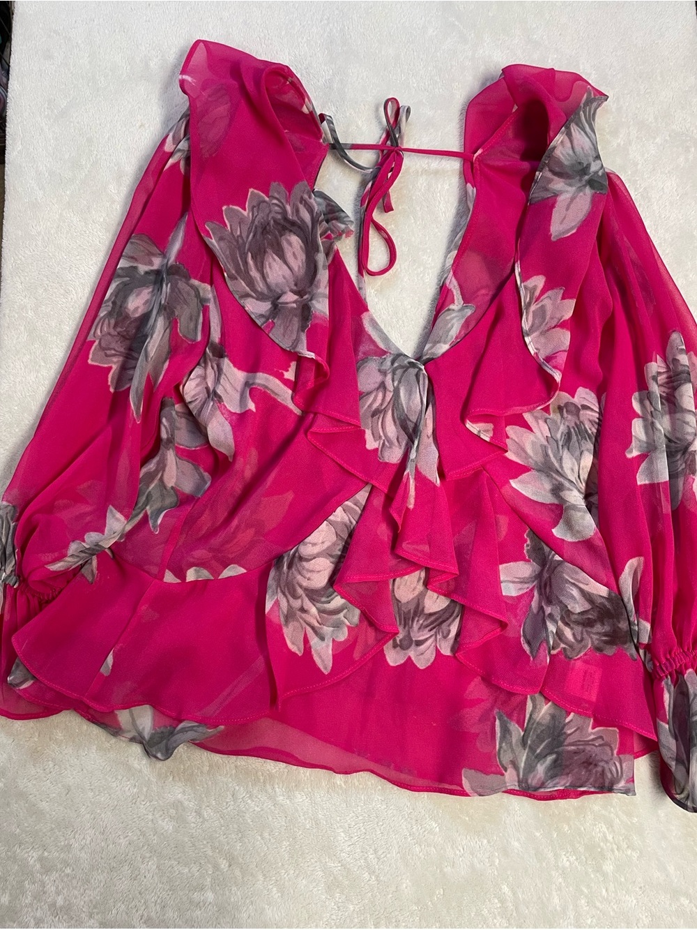 MISA Maria Ruffled V-Neck Fuschia Floral Flowy Blouse